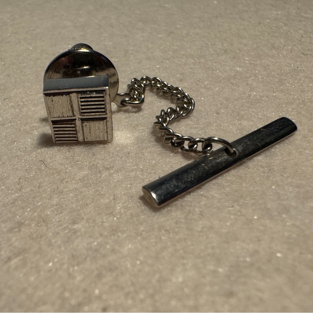 Vintage Silver-Tone Tie Tack with Security Chain & Bar
